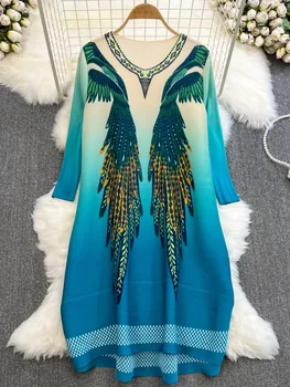 2023 Naujas Vasaros Mados Plunksnų Spausdinti Prarasti Raukšlės Suknelė Vintage Miyake Gradientas Apvalios Kaklo Atsitiktinis Plisuotos Suknelės Vestidos