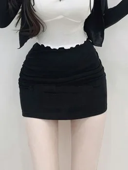 Korėjos Versija, Plisuotos Atsitiktinis, Kietas Sijonas Moterims Vasaros Seksualus Aukšto Juosmens Slim Figūra Sėdmenų Suvynioti Plisuotos Shirring Juoda 8FFH