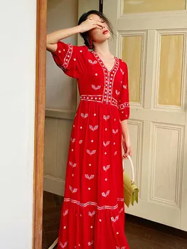 Jastie 2023 Bohemijos Nauja Raudona Suknelė Moterims Vasarą V-Kaklo Trumpomis Rankovėmis Atostogų Suknelės, Elegantiški Siuvinėjimai Juosmens, Plonas Ilga Suknelė