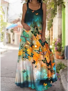 2023 Atsitiktinis Plus Size Long Maxi Suknelė Moterų Berankovis Prarasti Paplūdimys Saulės Suknelės Vasaros Mados Spausdinti Boho Maxi Ilga Suknelė