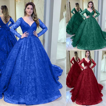 Mėlyna Vestuvių Suknele Rudens Žiemos Naujas ilgomis Rankovėmis Granulių China Big Swing Suknelė Seksualus V-kaklo Pokylių Suknelė Naujas Stilius