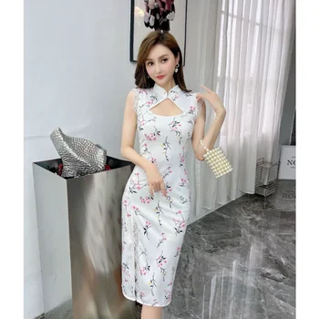 Vasaros 2023 derliaus spausdinimo pagerėjo off-the-pečių girly cheongsam cheongsam lieknėjimą juosmens suknelė
