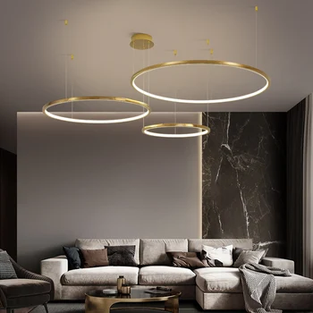 Šviesos Modernus Aukso LED Šviestuvo Valgomasis Gyvenamasis Kambarys Apvalūs Žiedai Namų Patalpų Šviestuvai Paprasta Nerūdijančio Plieno Kabo Lempa
