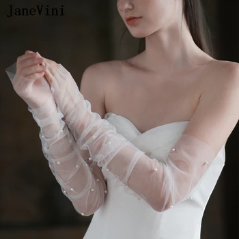 JaneVini Ilgai Vien Tiulio Pirštinės Su Perlų 52cm Nuotakos Nuimamos Movos Vestuvių Suknelė Nepirštuotos Off Balta Nuotaka Pirštinės