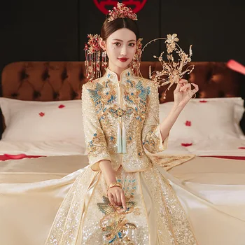 Yourqipao Aukso Siuvinėjimai Kinų Tradicinė Suknelė Vestuvių Rinkiniai Cheongsam Nuotakos Dragon 