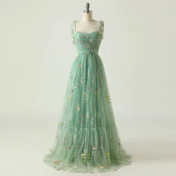 Siuvinėjimo Gėlių Vakaro Suknelės Suspender Dirželiai Tiulio Ilgai Prom Šalis Suknelė Moterų Elegantiškas Plonas Pokylių Suknelės