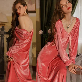 Princesė Stilius Nightdress Ilgas Elegantiškas Aksomo Pižamą Moterų Šiltas Veliūras Sleepwear Grožio Loungewear Sexy Nėrinių Namų Suknelė