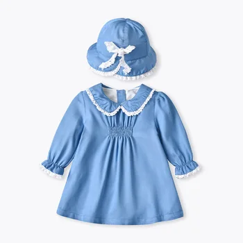 Ins 2023 Pavasarį, Rudenį Korėjos Kūdikių Mergaitės Medvilnės Ilgomis Rankovėmis Mėlyna Prarasti Bamblys Merginos Frocks Nėrinių Paprasta Kūdikių Mergaitės Suknelė