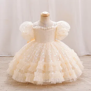 Šampanas Nėrinių Kūdikių Suknelės Bowk Spaudinių Naujagimių Gimtadienio Suknelė Mergaitėms Bamblys Princesė Komplektus Vaikų Vienas Gabalas 6 12 24M