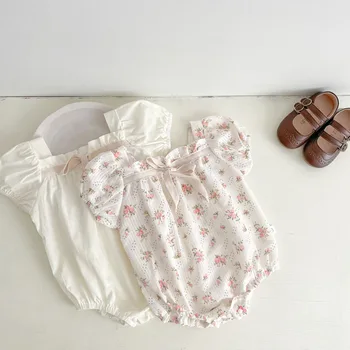 2022 m. Vasarą kūdikių drabužiai Sluoksniuotos Rankovėmis Baby girl drabužiai medvilnės Gėlių bowknot Bamblys Mergina kūdikių bodysuits Kūdikių Drabužiai 3-24M
