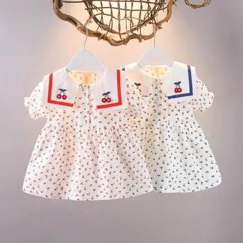 Sailor Apykaklės, Vasaros Vaikų, Kūdikių Princesė Mergaičių Suknelės Trumpomis Rankovėmis Atspausdintas Vyšnių Naujagimis Baby Girl Dress Vaikams Drabužių