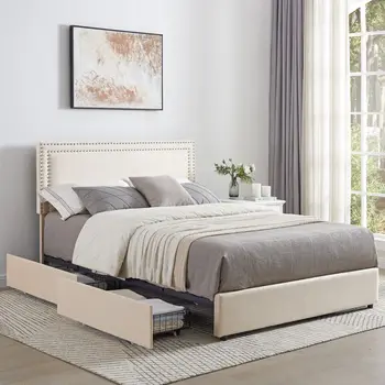 Karalienės Dydžio lova,Karalienė Minkštų Lova Rėmo Platforma su 4 Saugojimo Stalčiai ir Pagalvėlė,Moderni lova suaugusiųjų, jaunimo, miegamojo