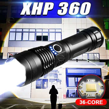 Galingas 36-ląstelių XHP360 LED Žibintuvėlis Didelio galingumo USB Įkraunamas Žibintuvėlis Super Ryškus Priartinimas Lauko Vandeniui Taktinės Pusės Žibintas