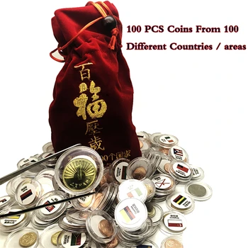 100 VNT Monetas iš 100 Skirtingų Šalių, pakuotę, Raudonos spalvos Krepšys Dovanų Kolekciją Pasaulyje Originalios Monetos Su Vėliava Suvenyrų