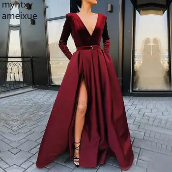 Ilgai Seksualus Naują arabų Stiliaus V-kaklo Aukštos Moterims, Elegantiška Bordo Oficialų Raudona Rankovės vakarinę Suknelę Plius Dydžio Elegantiškas