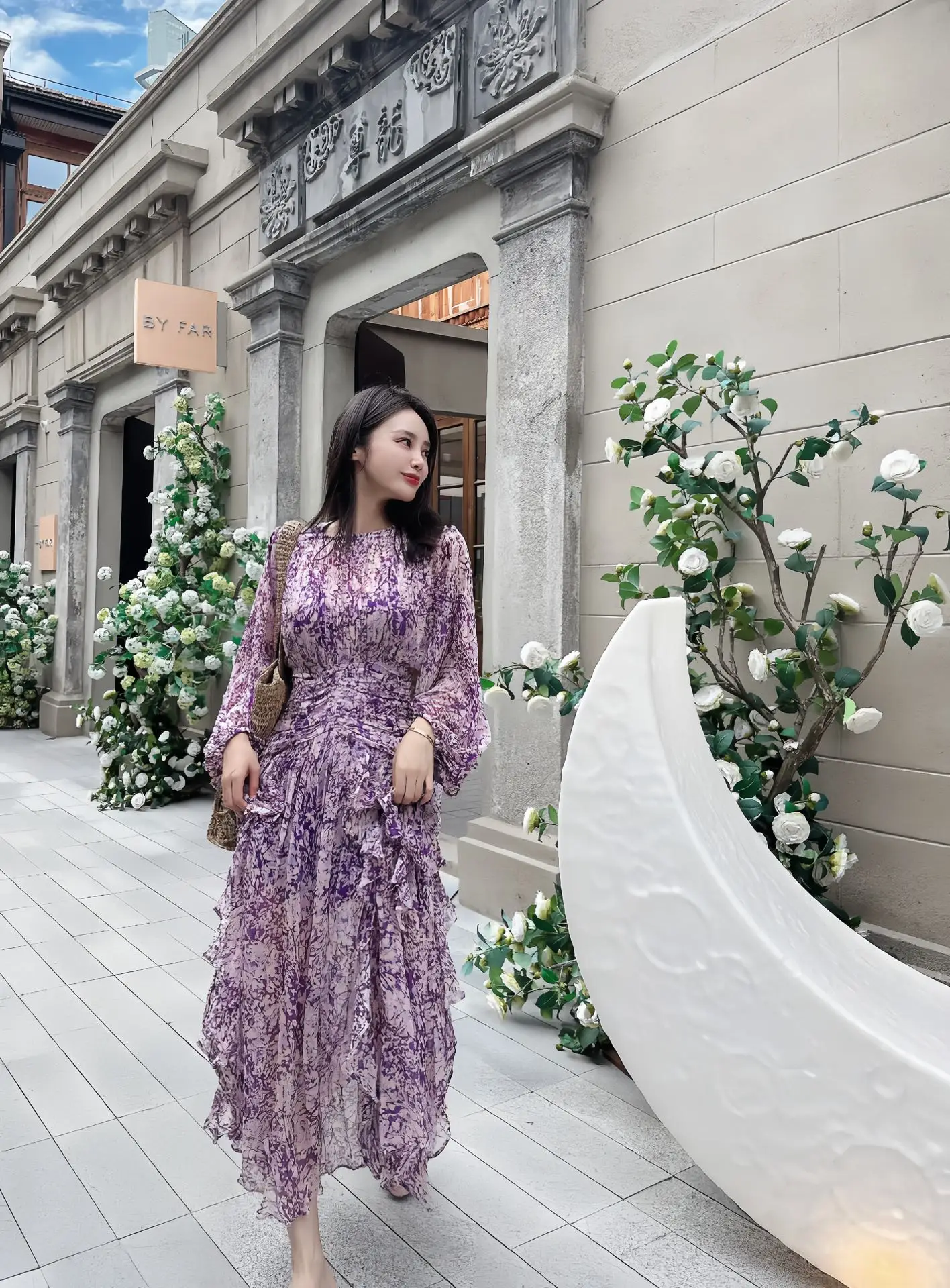 Moterų Violetinė Gėlių Spausdinti Slim Plisuotos Juosmens Raukiniai Ilgomis Rankovėmis Midi Suknelė