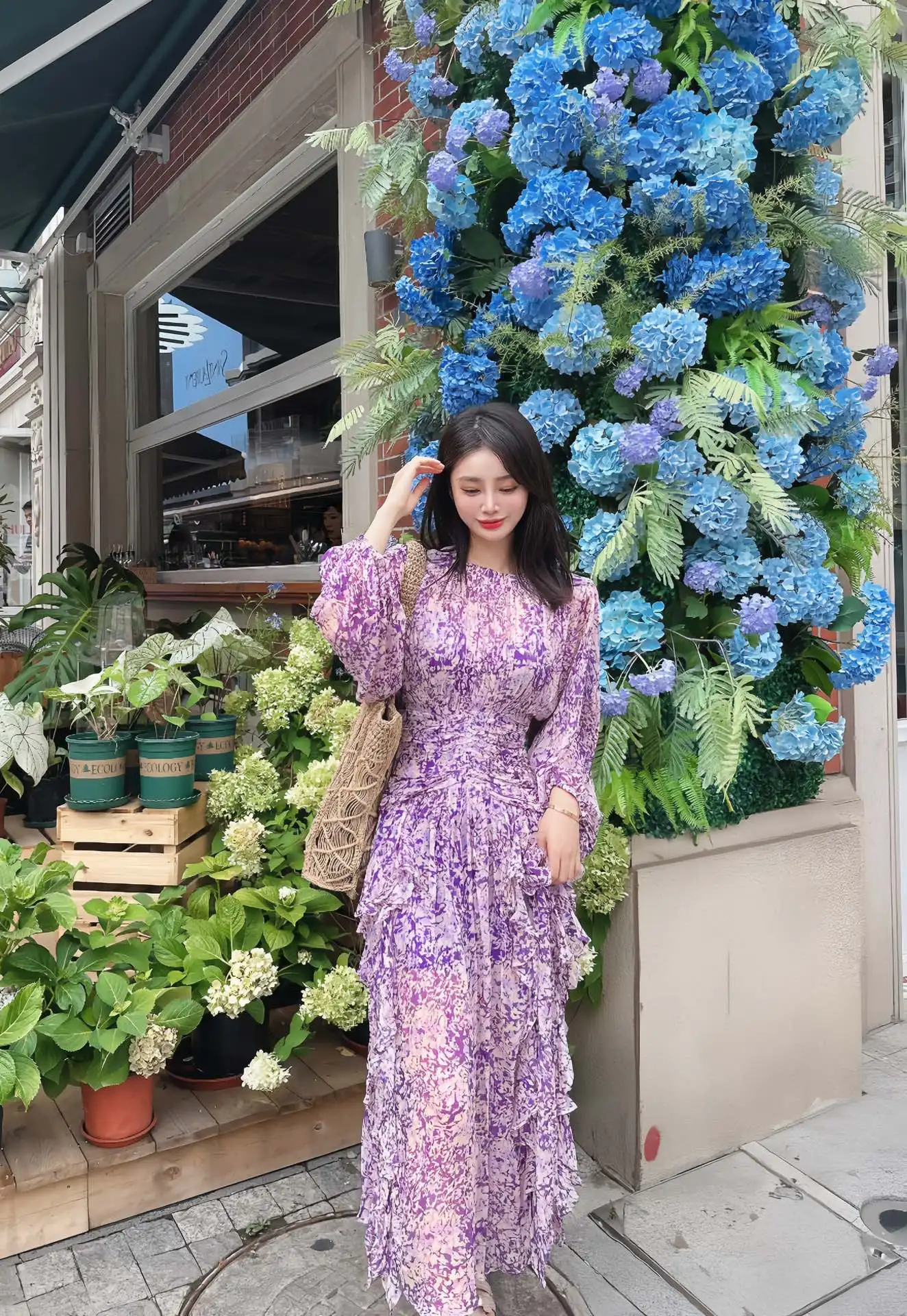 Moterų Violetinė Gėlių Spausdinti Slim Plisuotos Juosmens Raukiniai Ilgomis Rankovėmis Midi Suknelė