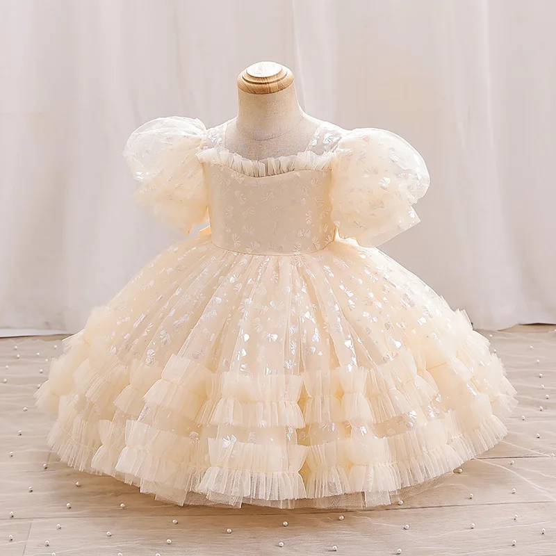 Šampanas Nėrinių Kūdikių Suknelės Bowk Spaudinių Naujagimių Gimtadienio Suknelė Mergaitėms Bamblys Princesė Komplektus Vaikų Vienas Gabalas 6 12 24M
