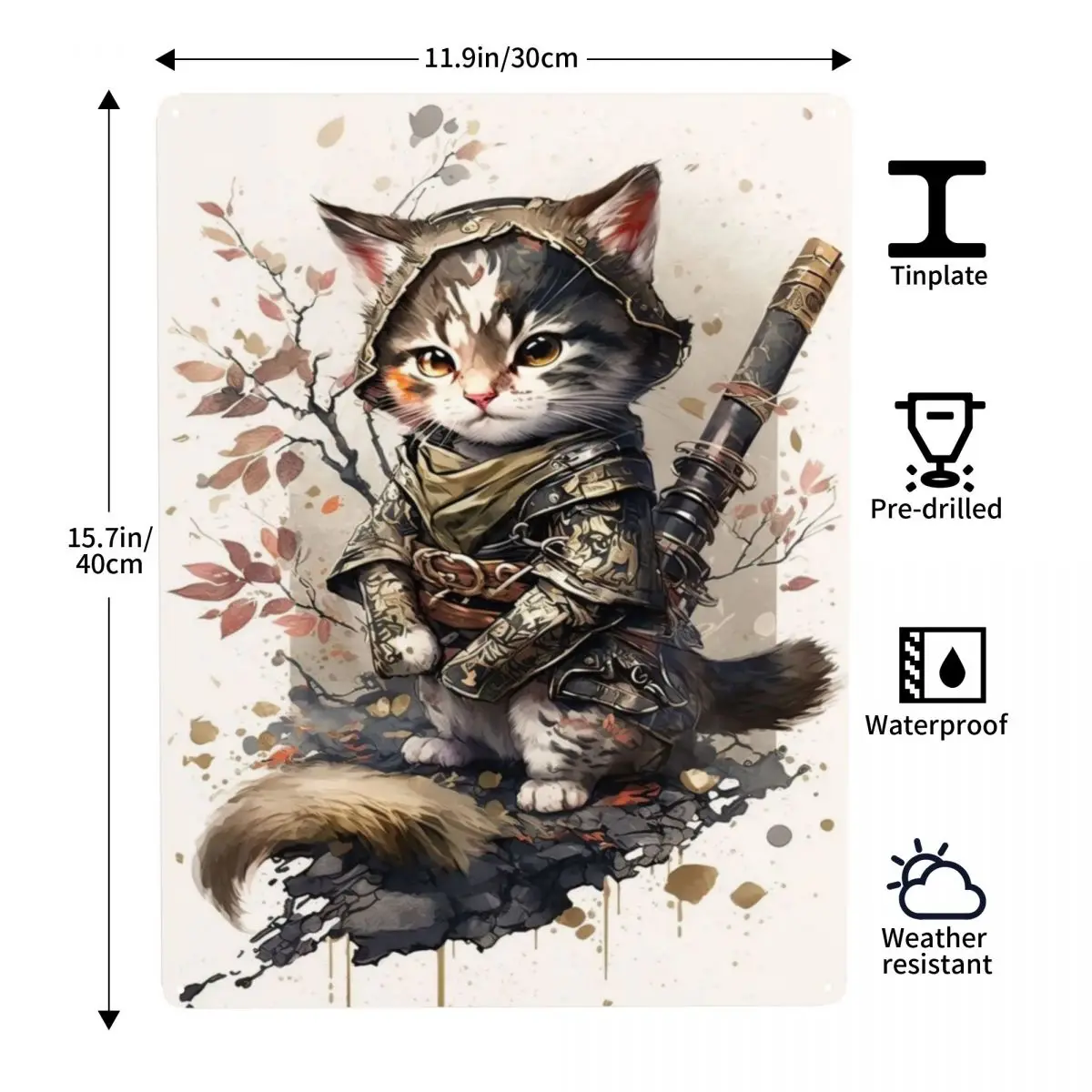 Baby Cat Samurajus Metalo Skardos Pasirašyti Dekoro 12x16in Nėra Lengva Deformuoti Išskirtinį Kambarį