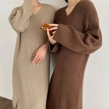 Rudenį ir žiemą naujas korėjiečių atsitiktinis V-kaklo, megzti megztinis, sijonas ilgas, žemiausią suknelė moterims