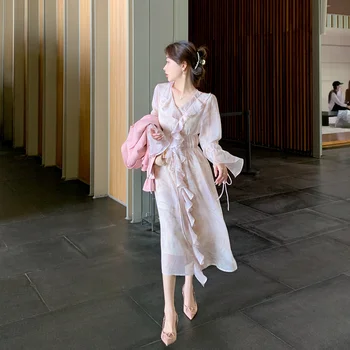 vasaros rožinės spalvos V-kaklo gėlių šifono suknelė moterų juosmens pynimas hem vidurio ilgio sijonas su Slydimo suknelė