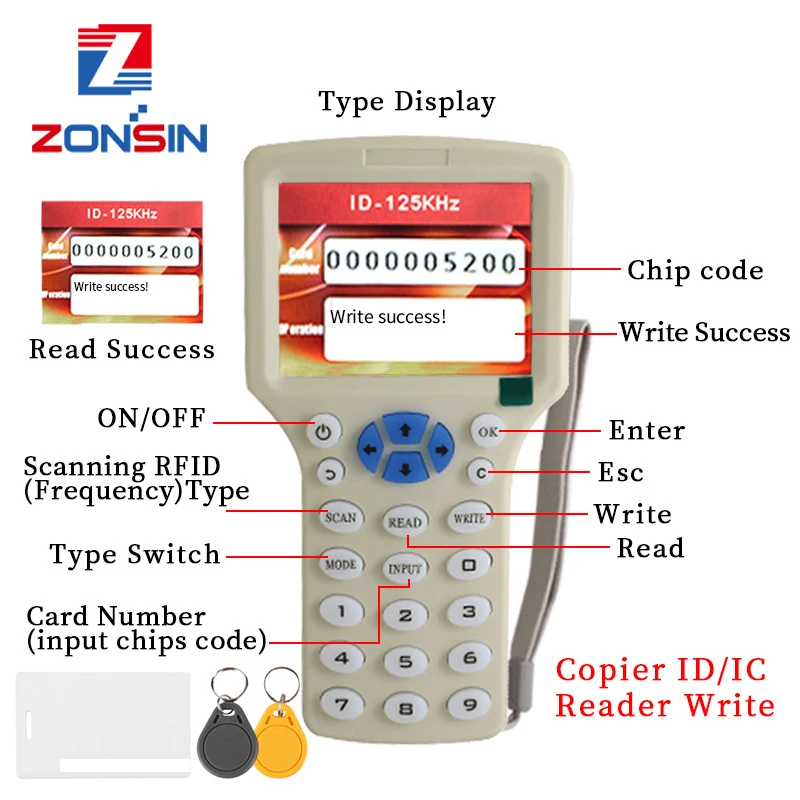 Anglų kalba 10 Dažnio RFID Skaitytojui Rašytojas Kopijuoklis popierinės kopijavimo aparatų matricos IC/ID su USB Laido 125Khz 13.56 Mhz Korteles LCD Ekranas